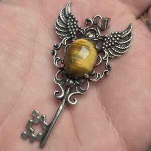 Tiger Eye Key Pendant Winged Key Necklace Gold Tiger Eye Crystal Pendant Vintage
